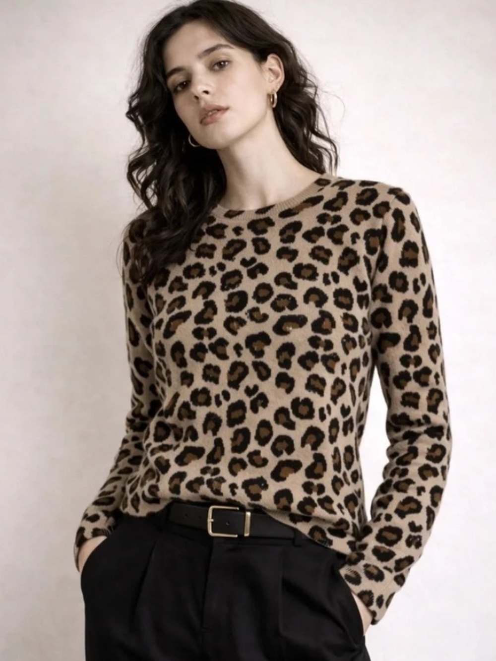 Cynthia Rowley Leopard Print 100% 2-Ply Cashmere Sweater Medium Crewneck Luxury
